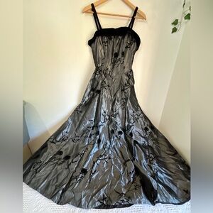Dave & Johnny Silver Satin Gown with Black Floral Appliqué